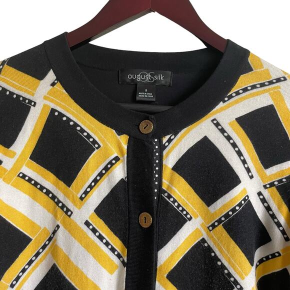August Silk Women Cardigan Sweater S Navy Yellow Geometric Print Preppy Academia - Picture 11 of 11